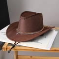 Detail of dark brown cowboy hat featuring metal chains, star pendants, and air vents - Coffee