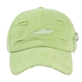 Detail of light green distressed baseball cap with Asher embroidery and metal ring accents - Adjustable / Green