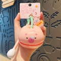Pink wooden fish fidget keychain with cute bear face and hammer for stress relief - Merit Wooden Fish Keychain - Merit +100