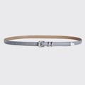 Slim silver-gray women's faux leather belt with minimalist polished metal buckle set - Gray