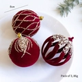 Set de 3 bolas de Navidad de 8 cm granate flocado con purpurina dorada y perlas - Estilo C Rojo Vino (Set de 3)