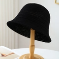 Classic black knitted wool bucket hat with breathable hollow weave on a wooden stand - M (56-58cm) / Solid Knit Style (5652) / Black