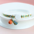 Plaid woven cat collar with orange bell, tassels, and a white cat-head safety buckle - Blue Green Orange Weaving