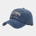Detail of navy blue washed cotton baseball cap with ivory California embroidery - Adjustable / Navy Blue