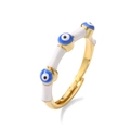 Adjustable 18K gold ring with white enamel and three blue evil eye charms - White