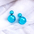 Blue double-ball stud earrings with glossy metallic finish on soft white fur background - Artificial Pearl Double Ball Style (E919-1) / Blue