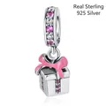 S925 Sterling Silber Geschenkbox Anhänger mit rosa Schleife und Zirkonia Stein - Geschenkbox (0076)