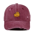 Close-up of cheese embroidery and distressed ripped details on a burgundy washed cotton cap - One Size / Burgundy