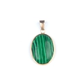 Oval malachite pendant with green stripes and golden metal frame on white background - Malachite (Synthetic)