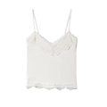 Close-up of intricate eyelash lace trim on a white V-neck camisole with thin straps - S / White