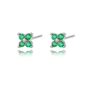 Macro detail of silver four-leaf clover stud earrings with sparkling green gemstones - Green Flower Silver Stud Earrings