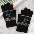 Detail of black knit winter gloves with pink touch-screen fingertips and reindeer pattern - Black Reindeer