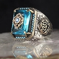 Vintage Silberring für Herren mit himmelblauem Edelstein und goldenem Blumenmuster - US 7 / Osmanischer Stil Rechteckiger Blauer Edelstein (HJZ22026 Blau)