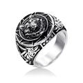 Vintage bear head ring in black titanium steel with Nordic Viking style engraving - US 9 / Style 3