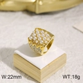 Golden statement ring with white pearls and sparkling rhinestones 22mm wide - Retro Wide Pave Pearl Style(KR32083-K)