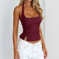 Slim fit burgundy halter top with square neckline and side slit for women - XS / Dark Dusty Rose