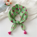 Light green floral cotton linen scarf with pink tassels and sweet flower patterns - Four-Leaf Line Green (Fringe)