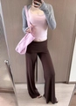 Slim fit flared trousers in dark brown with folded high waist and grey cropped cardigan - S / Brown
