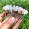 Handmade hair comb with raw rose quartz and white crystal stones on a metal base - Rose Quartz Silver Comb Silver Wire