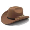 Classico cappello western in feltro marrone con fascia in pelle e fibbia piuma d'oro - M (56-58cm) / Cachi