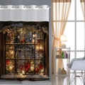 Detail of Christmas shower curtain featuring metal grommets and winter scenery print - 25SD-2S (Christmas Lantern & Pine Branches) / 181x188cm