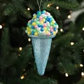 Blue glitter ice cream cone ornament with colorful foam balls for Christmas tree decor - Blue Ice Cream