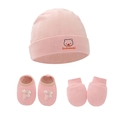 Pink knit baby gift set with beanie hat, bow booties, and mittens for newborns - Pink Bear - Strawberry 3-Piece Set