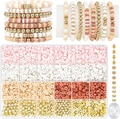 Macro view of DIY clay bead jewelry kit with pink and gold accents for bracelets - Style 13 Pink Tones Set