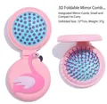 Pink foldable 3D flamingo hairbrush with mirror and massage bristles for travel - Bird Foldable Comb