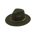 Chapeau fedora vert foncé en laine avec bord plat et ceinture en cuir marron - M(56-58cm) / Vert Armée