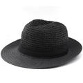 Close-up of black woven fedora straw hat with elegant satin band and textured finish - M(56-58cm) / All Black