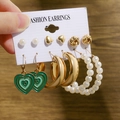 Vintage gold geometric earring set featuring pearls and green heart pendants on display card - E058/Mixed Color / Gold/Green