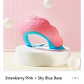 Adjustable crown baby shampoo cap in strawberry pink and sky blue with ear protection - Lion Shape Red
