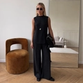 Set due pezzi da donna con top nero senza maniche e pantaloni a gamba larga eleganti - S / Nero