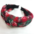 Red and green plaid Christmas headband with white snowflake embroidery and knotted design - Snowflake Red Green Twill