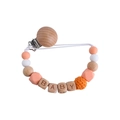 Silicone and beech wood baby pacifier clip with orange beads and knitted ball detail - Rose Pink