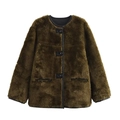 Detailed view of the fuzzy faux fur coat texture with leather trim and black buttons - S / Tops / Army Green