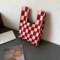 Chic knit tote bag with red and orange checkerboard pattern for daily commuting - Red Checkerboard