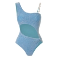 Detail van lichtblauw glitter badpak met parelmoer schouderband en taille-uitsparing - S / Tops / Blauw badpak