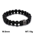 Beaded bracelet with black lava stone, matte agate, and vintage metal letter A bead - Letter A / Matte Black