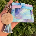 Marble pattern PU leather card holder with keychain, wooden charm and colorful tassel - Ink Painting