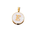 Macro shot of 22mm golden stainless steel pendant with white shell inlay and letter E - Letter E / 22mm (1 Piece/Pack) / Gold