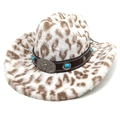 Detailed view of leopard faux fur cowboy hat featuring bull head buckle and turquoise studs - M (56-58cm) / Straight Top / White