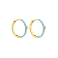 Detail of light blue enamel gold hoops featuring a centered sparkling clear zircon stone - Blue