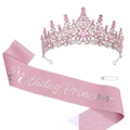Set fascia rosa Birthday Princess e corona con strass rosa per decorazioni di compleanno - Set Fascia Glitterata Argento Birthday Princess