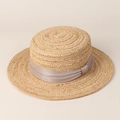 Chapeau canotier en raphia avec ruban de soie et bord plat pour protection solaire d'été - M(56-58cm) / Lavande