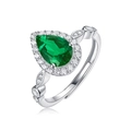 925 silver adjustable ring featuring a pear-cut emerald and surrounding halo diamonds - R12394 Emerald Pear 6*9mm / Adjustable Open