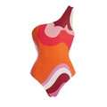 Traje de baño de un hombro con estampado geométrico en tonos rojos y coral vibrantes - S / Solo Bañador