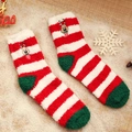 Red white striped coral fleece Christmas socks with cute reindeer embroidery details - One Size / Striped Fawn