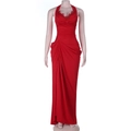 Elegant red backless halter maxi dress with lace trim and pleated draping detail - S / Red